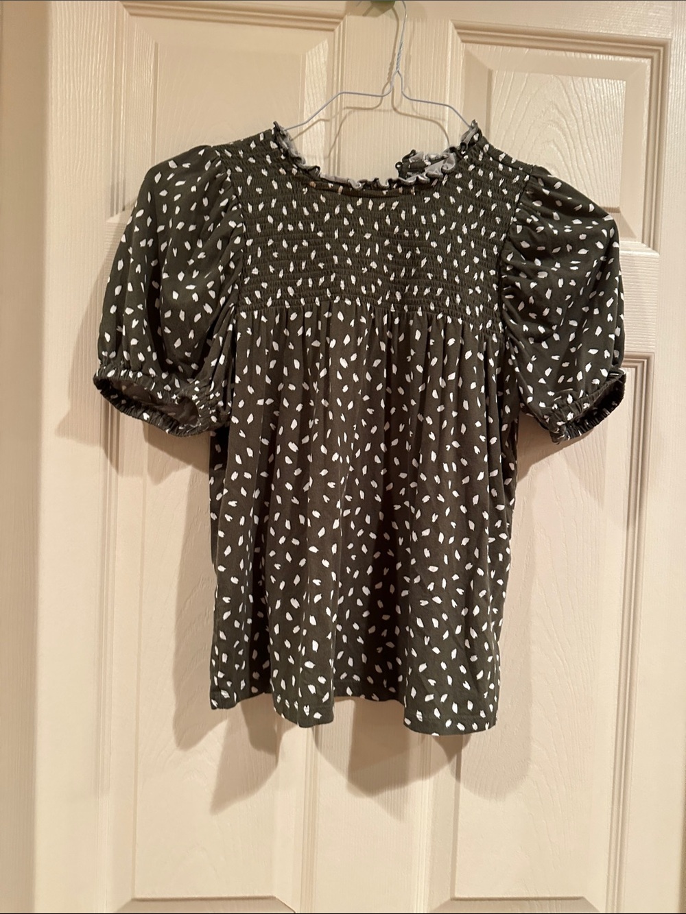 LOFT Olive Green Smocked Blouse with White Dot Print